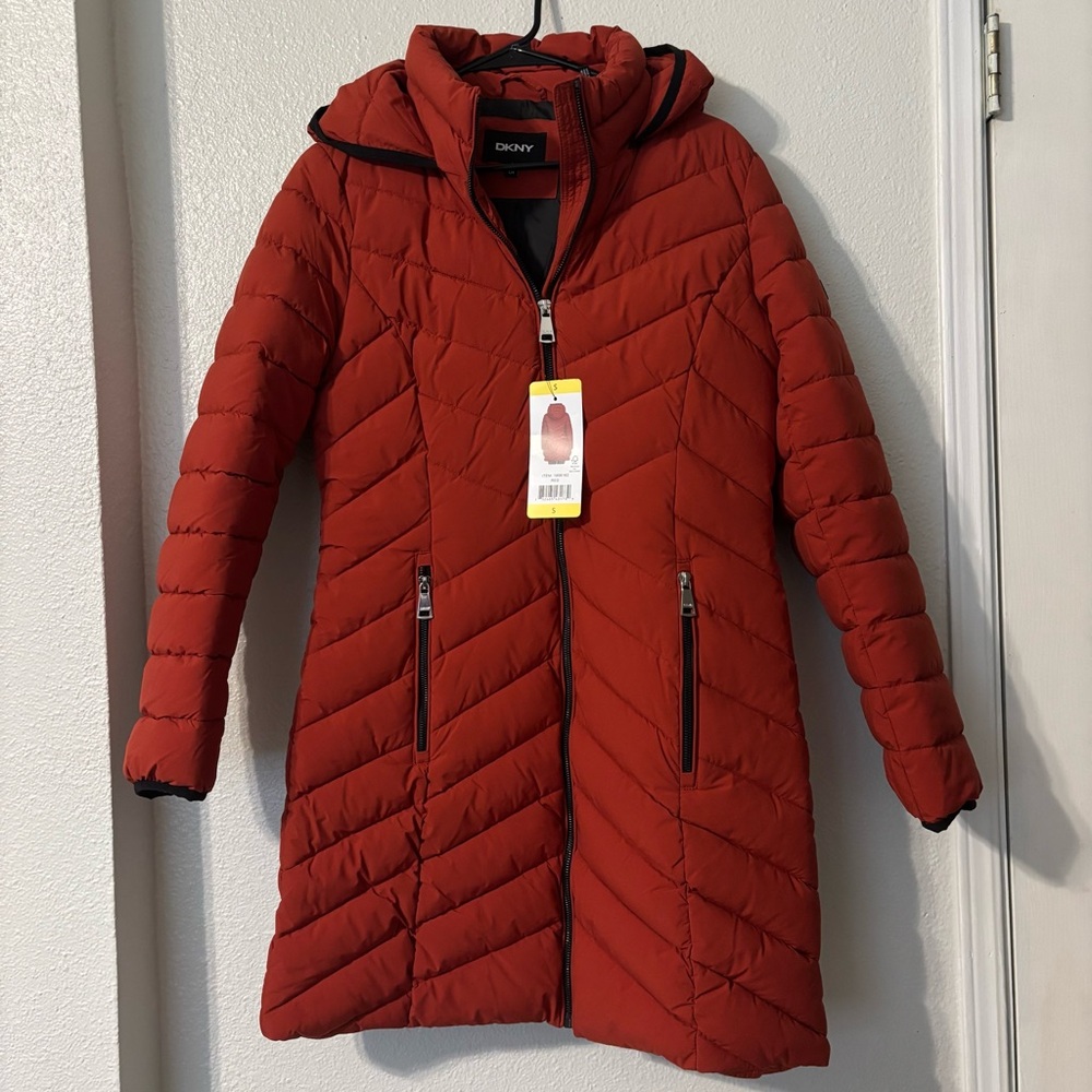 DKNY Women's Vibrant Red Puffer Coat